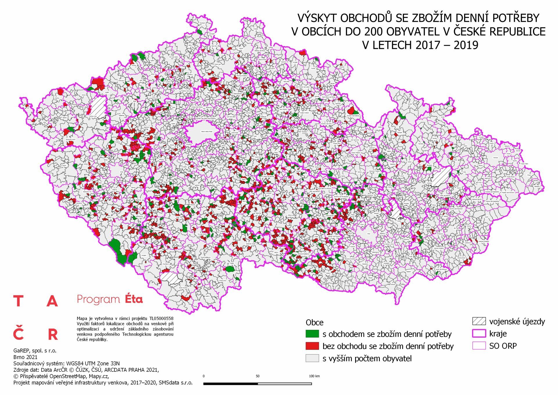 Výskyt obchodů v&nbsp;obcích do 200 obyvatel